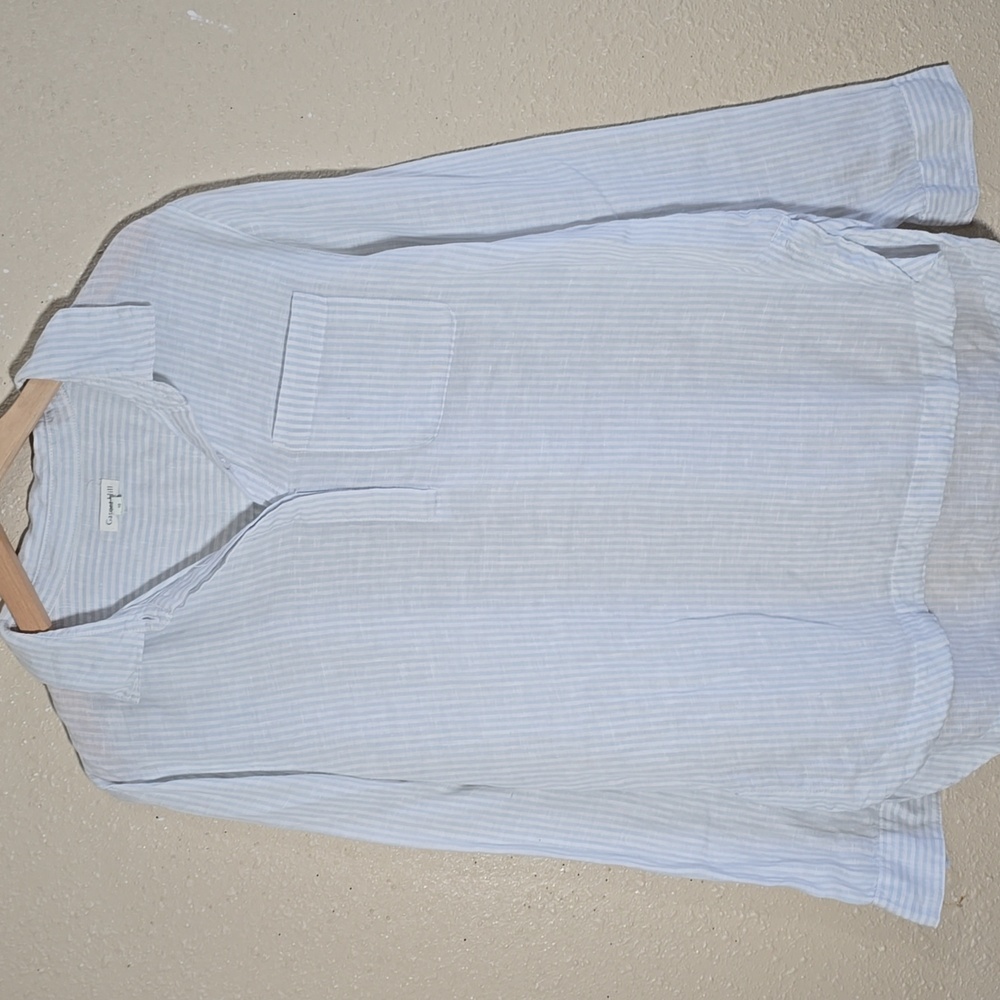 Garnet Hill Linen Light Blue Striped Casual Shirt - Picture 1 of 8